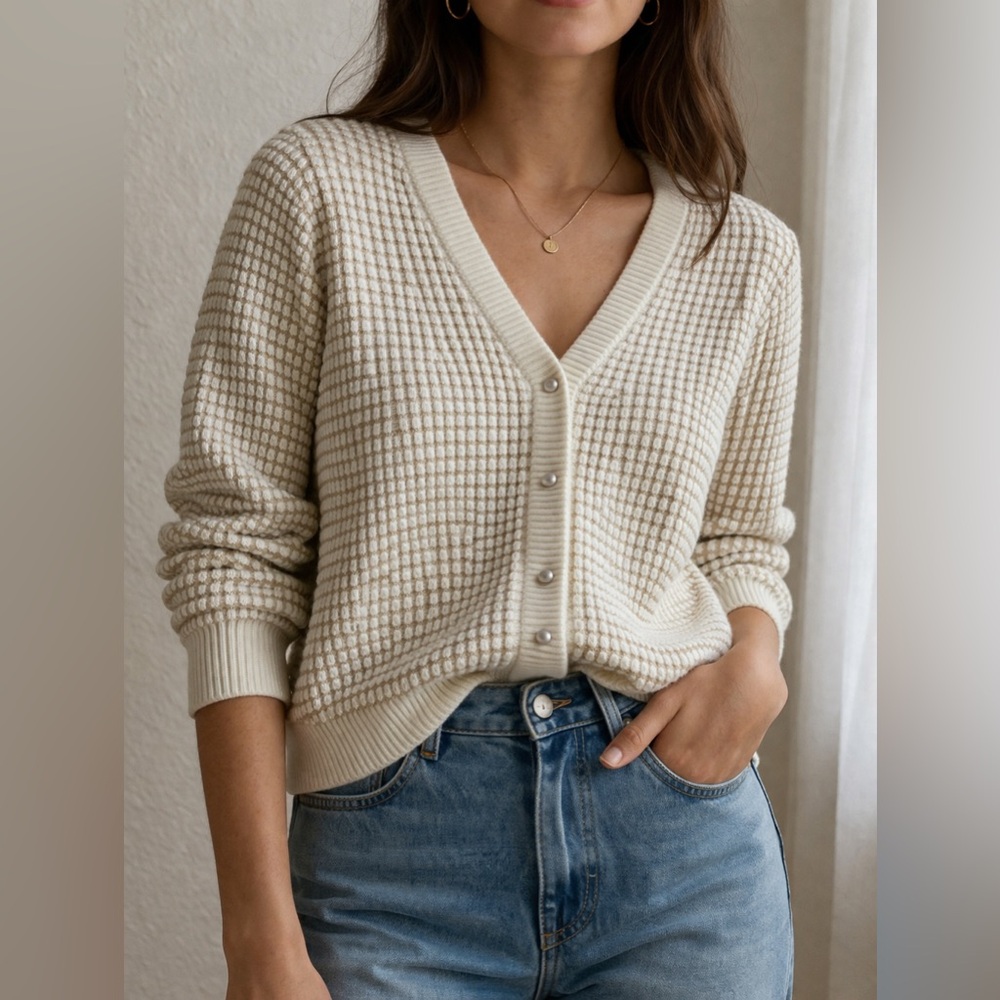 Zara Cream V-Neck Waffle Knit Cardigan Sweater - Picture 2 of 7
